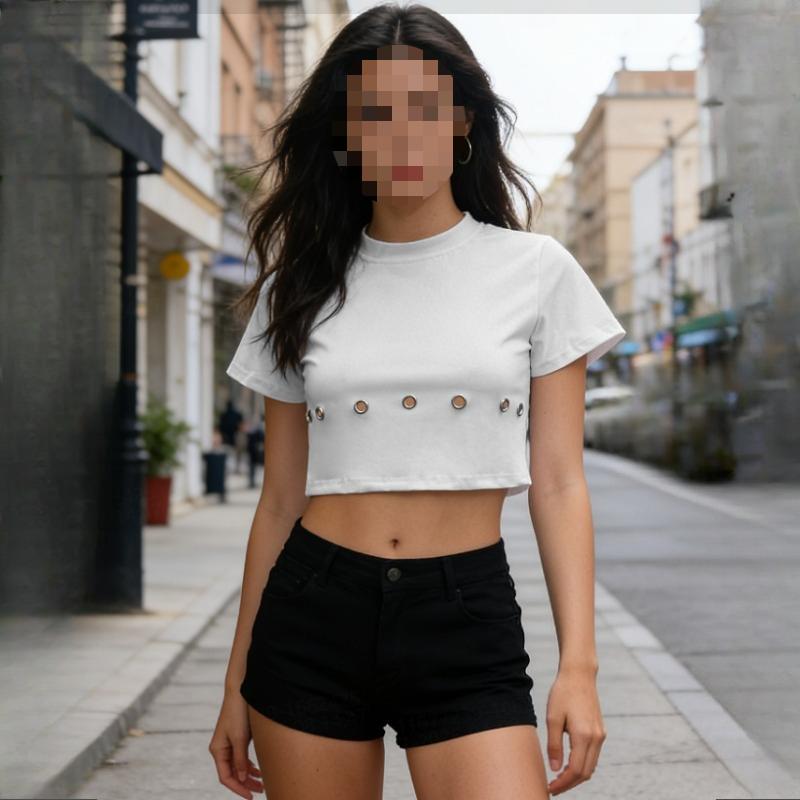 Spring and summer women's short round neck characteristic sexy exposed navel street T-shirt