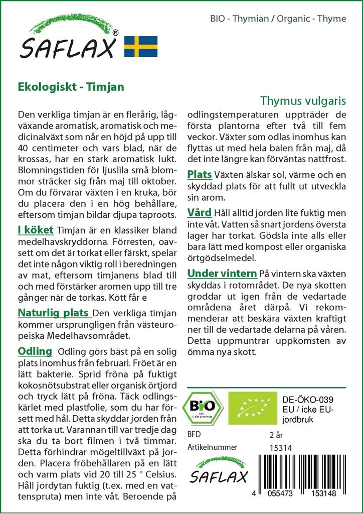 SAFLAX Garden In the Bag - Organic - Thyme - 800 Seeds - With Substrate In a Fitting Stand Up Bag - Thymus Vulgaris