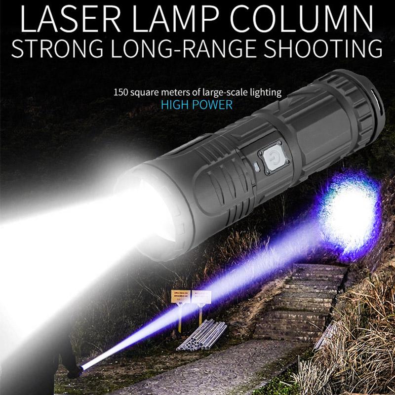 Powerful White Laser Flashlights Telescopic Zoom Tactical Spotlights Rechargeable Outdoor Torch With Tail Light Built-in Battery