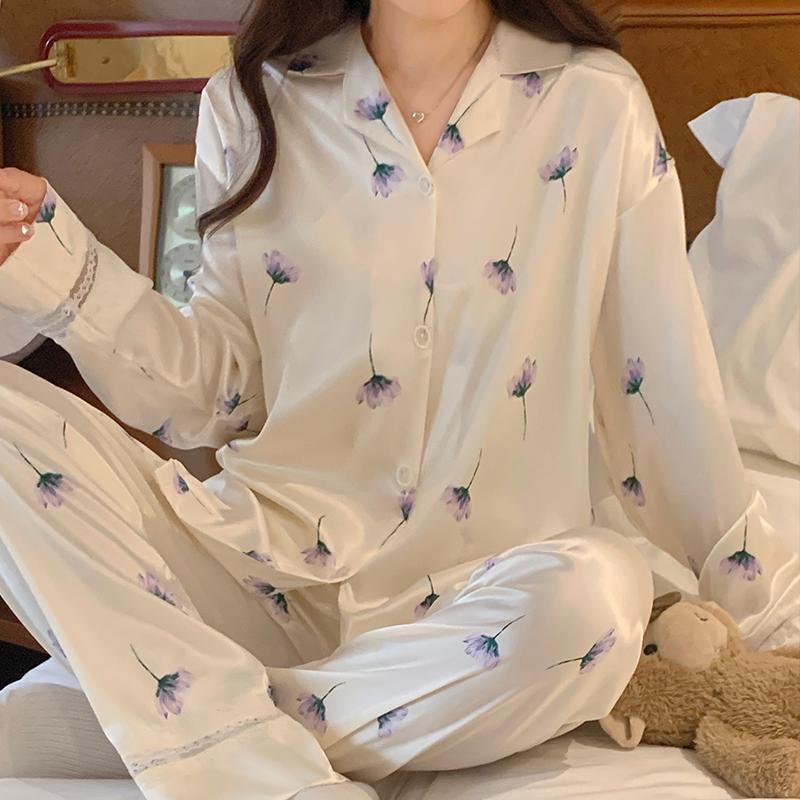 Pajamas Women's Satin Long-sleeved Pajamas Pajamas Suit Flower Printed High-grade Ice Silk Can Be Worn Outside Home Wear Pajamas