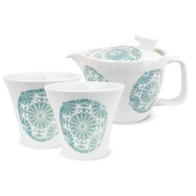 Isaozan Kiln Teapot Made In Japan Pair of Stylish Tea For 1 2 Comes with Tea Circle Light Blue J-kitchens Set, Hasamiyaki, (Teapot, Teacups, Set),
