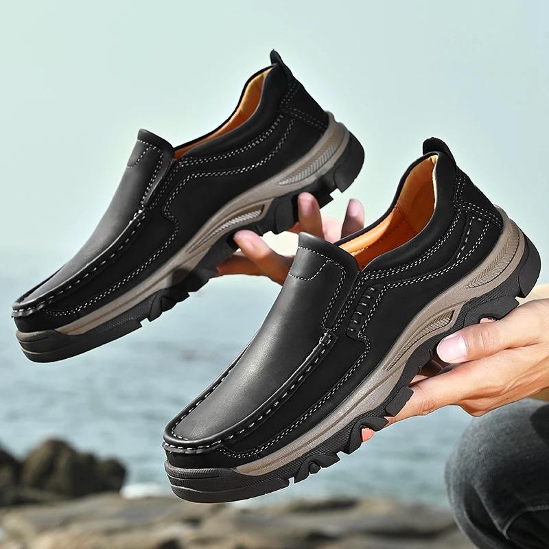Fashion Classic Mens Leather Loafers Non Slip Walking Flats Outdoor Slip On Casual Shoes for Man Retro Style Driving Footwear Moccasins