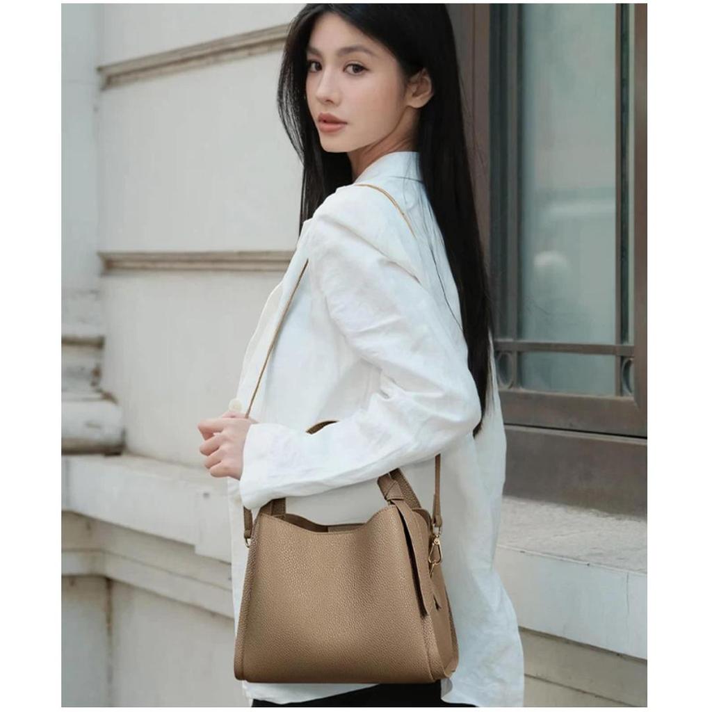Viney Women's Handbag, Cowhide Bucket Bag, Crossbody Bag, Shoulder Bag, Gray