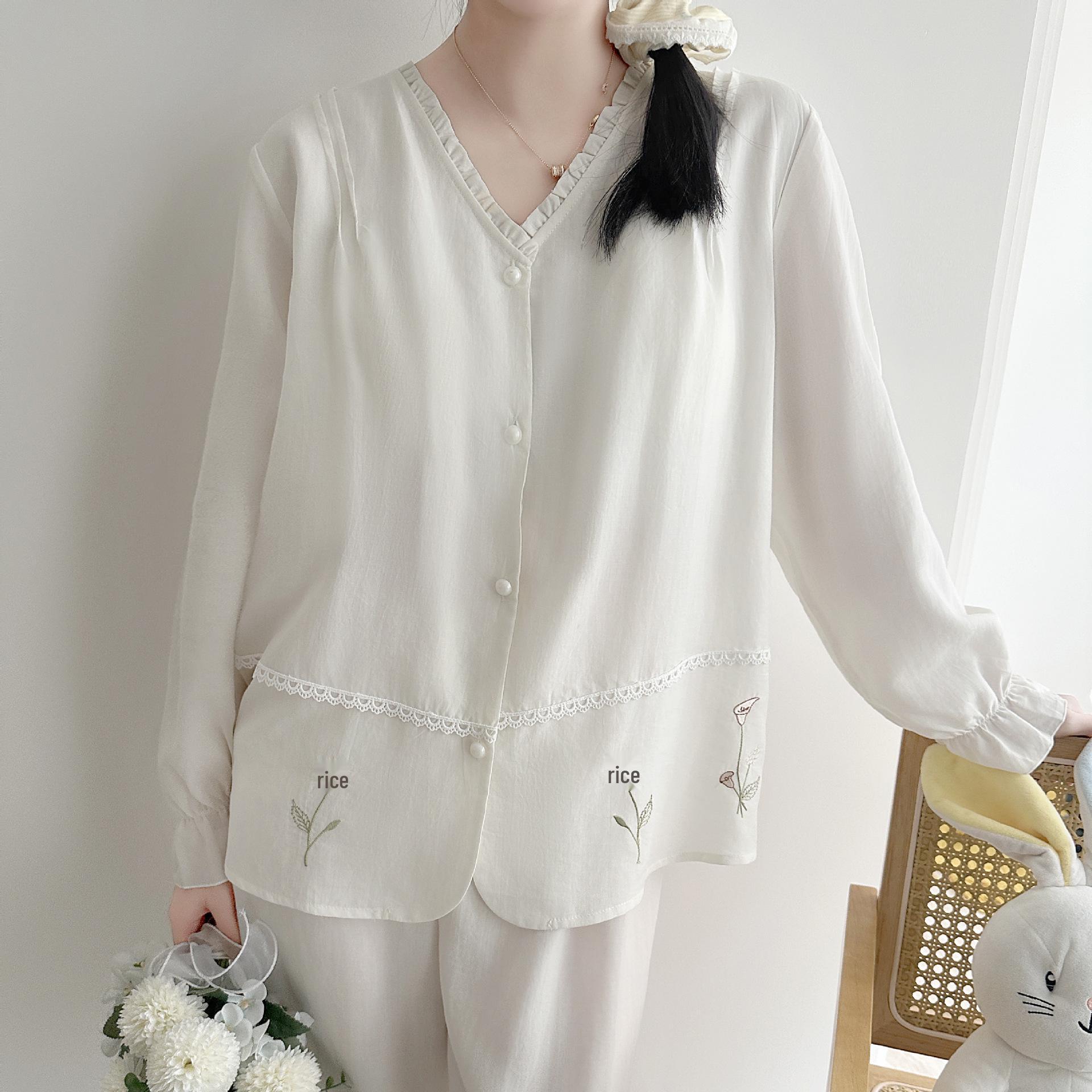 Women s Lyocell Pajamas 2026: Spring V-Neck, Padded Bust, Embroidered Long Sleeve & Pants Set XL оранжевый