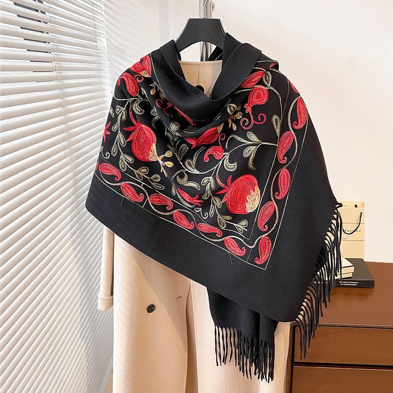 Autumn And Winter Contrasting Colors Pomegranate Leaves Embroidered Double-Sided Warm Scarf Women'S Ethnic Style Travel Shawl