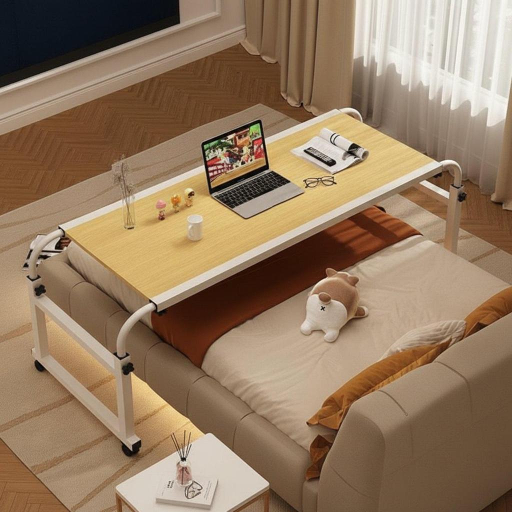 Mobile Bedside Workstation Desk Adjustable Height Overbed Table with Secure