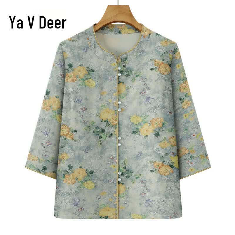 YaLu Women s Floral Print Seven-Sleeve Blouse 5XL