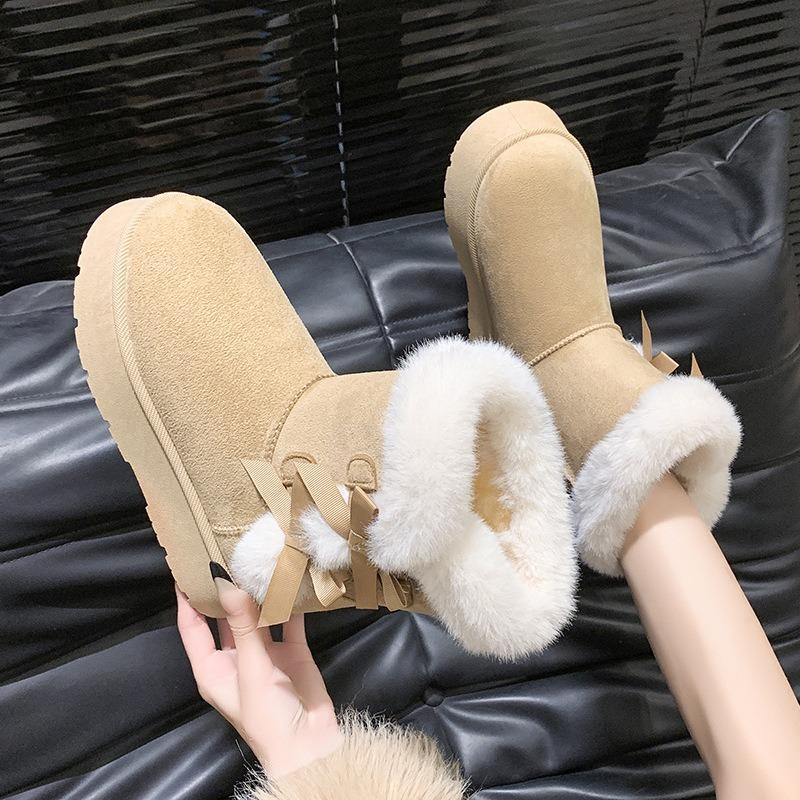 Large size snow boots women's autumn and winter new wind bow thick sole heightening piled thickened short boots cotton boots