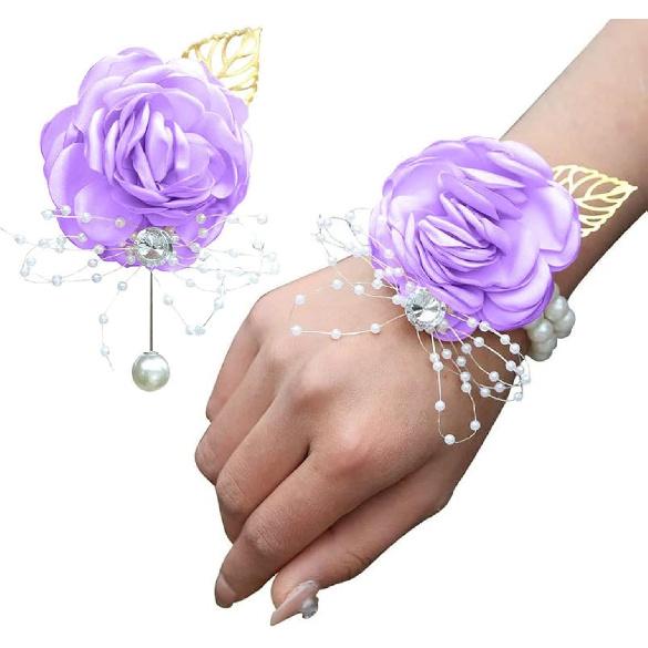 WANLIAN Blue Bridesmaid Wrist Corsage Wedding Flowers Prom Rose Corsage and Boutonniere Set for Wedding Party Prom Wedding Ceremony Anniversary Set