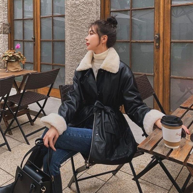 

Leather jacket women s new autumn and winter fleece thickened leather jacket long sleeve loose small medium and long coat S