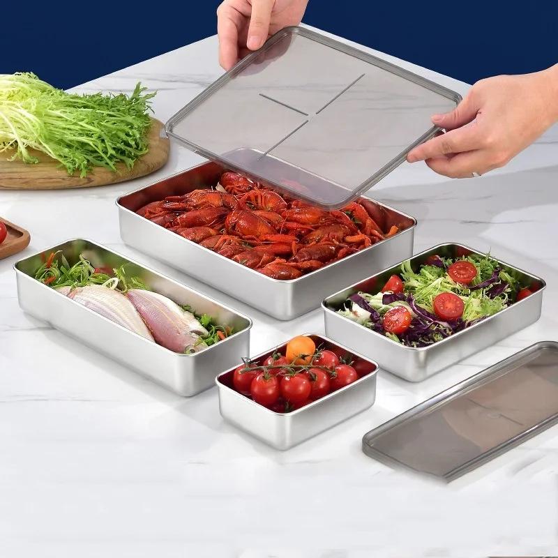 Stainless Steel Fresh-keeping Box with Sealed Lid Refrigerator Frozen Food Storage Box Vegetables Fruit Dish Kitchen Organizers