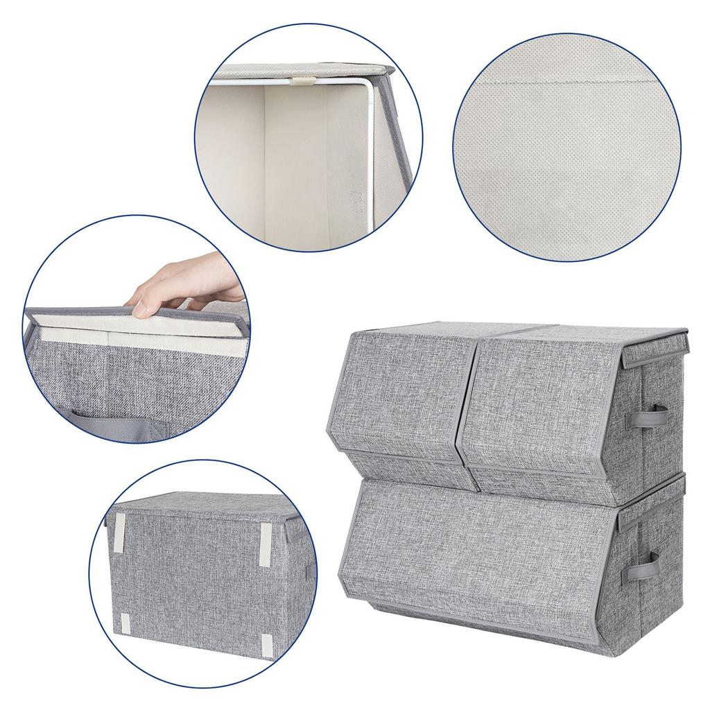 SONGMICS Stackable Storage Boxes With Lids, Set of 3 Toy Organizer, Metal Frame, Magnetic Closure, For Clothes Toys Books, Grey
