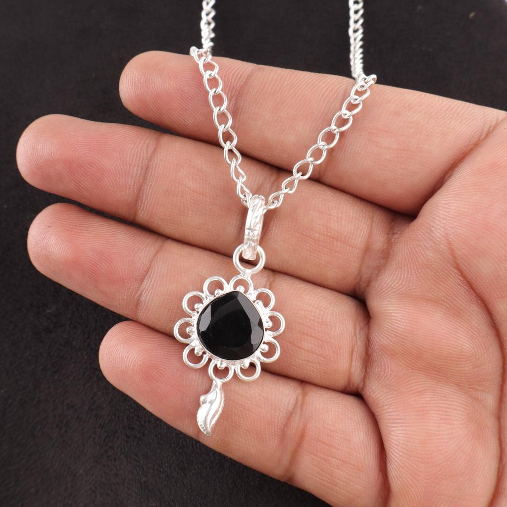 Heart Natural Black Onyx Daughter Gift Birthday Art Deco Pendant Sterling Silver PP-4-13