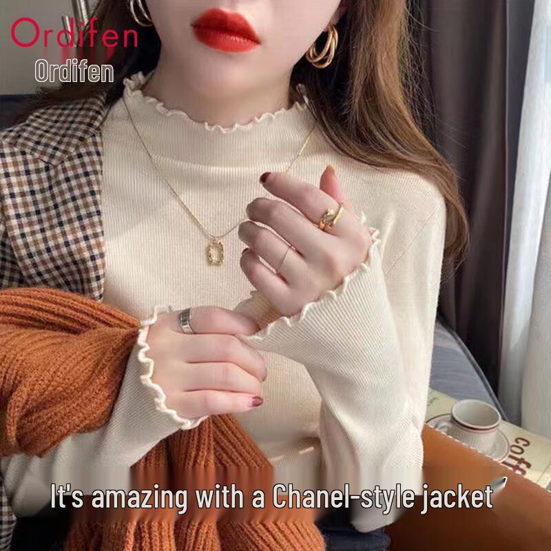 Ordifen Women's Semi-High Collar Ruffled Knit Sweater