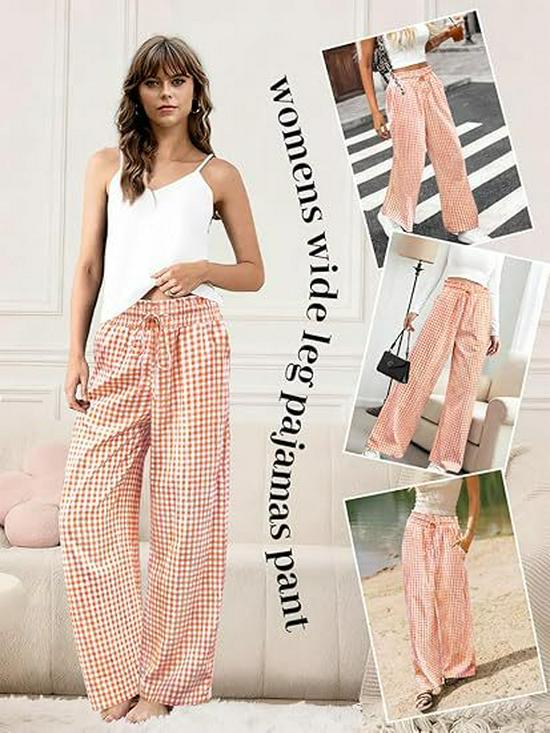 European Plaid Women's Wide-Leg Elastic High-Waist Pajama Pants with Drawstring