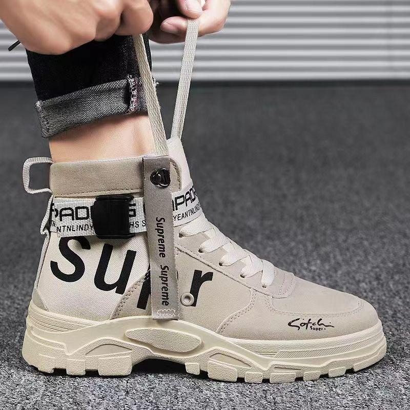 Medium tube versatile trend men's casual Martin boots autumn and winter canvas surface lace-up round head platform sports shoes men