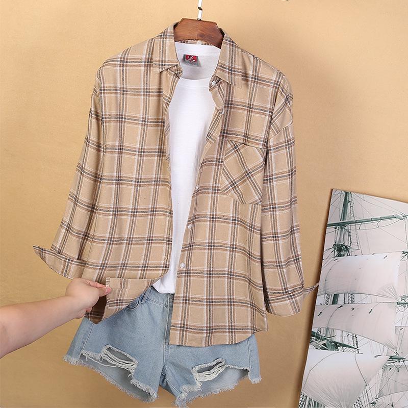 2025 Women's Korean Style Long Sleeve Plaid Cotton Shirt Jacket