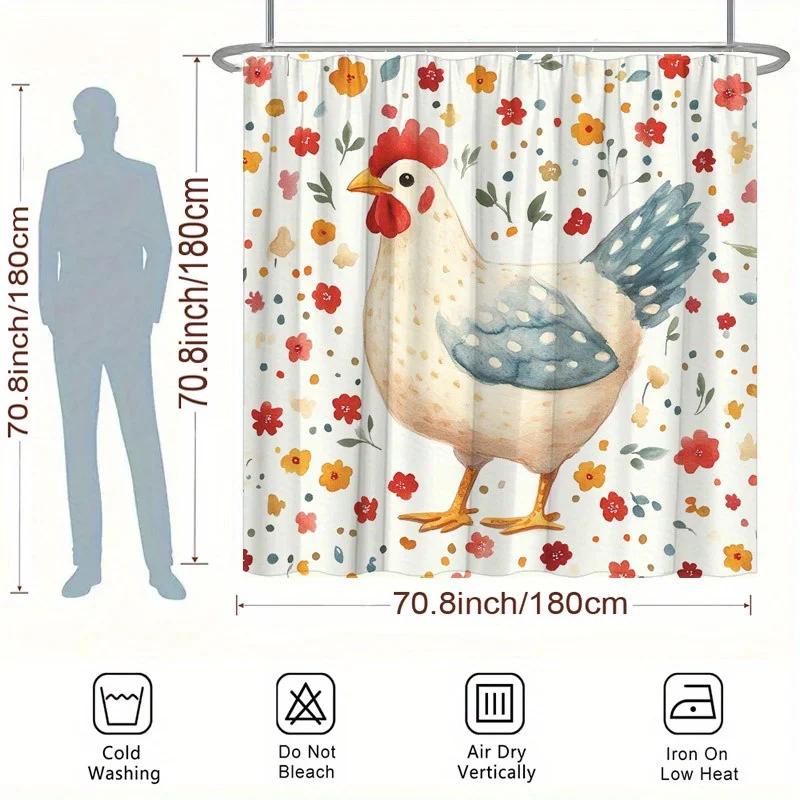 1pc White Hen Flowers Shower Curtain - Watercolor Red, Fluffy Texture, Charming Whimsical Scene