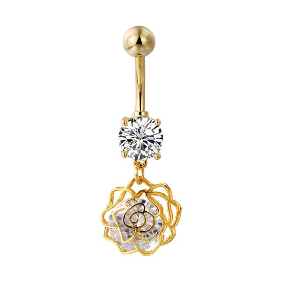 Belly Button Rings Stainless Steel Hollow Flower Dangle Body Piercing Jewelry Rhinestone Navel Ring for Women
