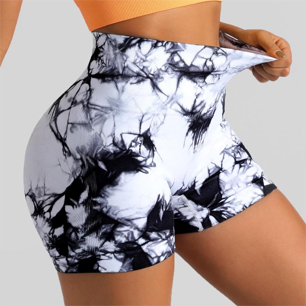 Seamless tie-dye sports shorts tight three-point pants women's high waist, hip lift and belly peach yoga fitness shorts