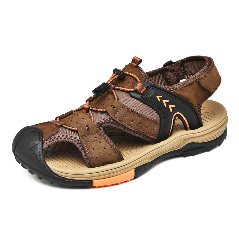 Fashion Golden Sapling Outdoor Men's Sandals Genuine Leather Flats Retro Mountain Trekking Footwear Classics Summer Beach Shoes for Men