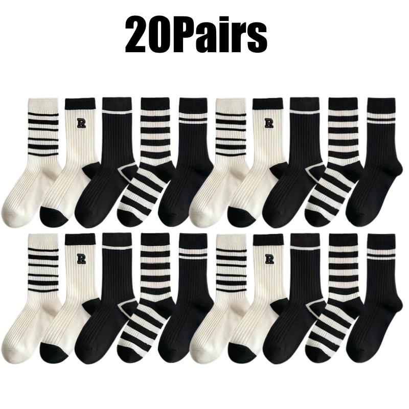 Crew Slouch Socks for Women Black White Stripe Embroidery Breathable Double Needle Cotton Spring Summer Autumn Casual Socks