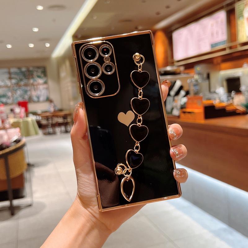 

Роскошный чехол-браслет с сердечком и покрытием для телефона Samsung S25 Ultra S24 FE S23 S22 S21 A16 A55 A35 A15 A54 A35, противоударный мягкий бампер из ТПУ Samsung S25 чёрный