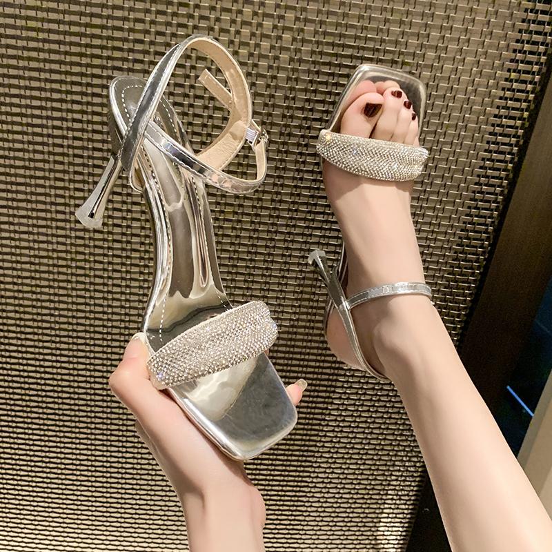 Fashion Fashion Sandals Korean Version Fashion Square Toe Rhinestone Buckle with Slim High-heeled Women's Shoes  Heels Women  Heels