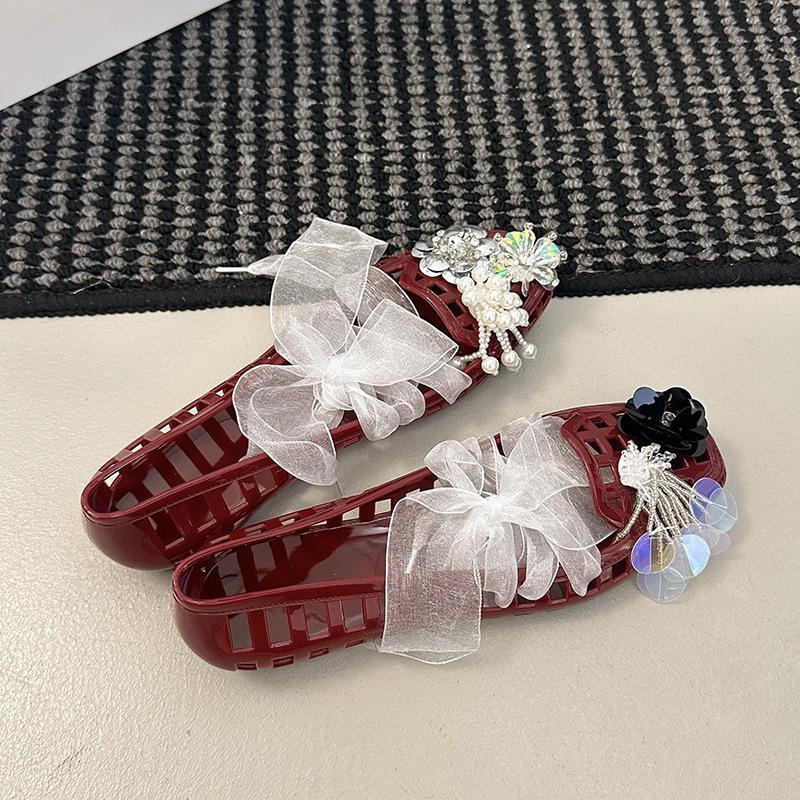 2025 South Korea's Popular Jelly Shoes Hollow Crystal Single Shoes Square Head Niche Transparent and Comfortable Flat-bottomed Fairy Hole Shoes