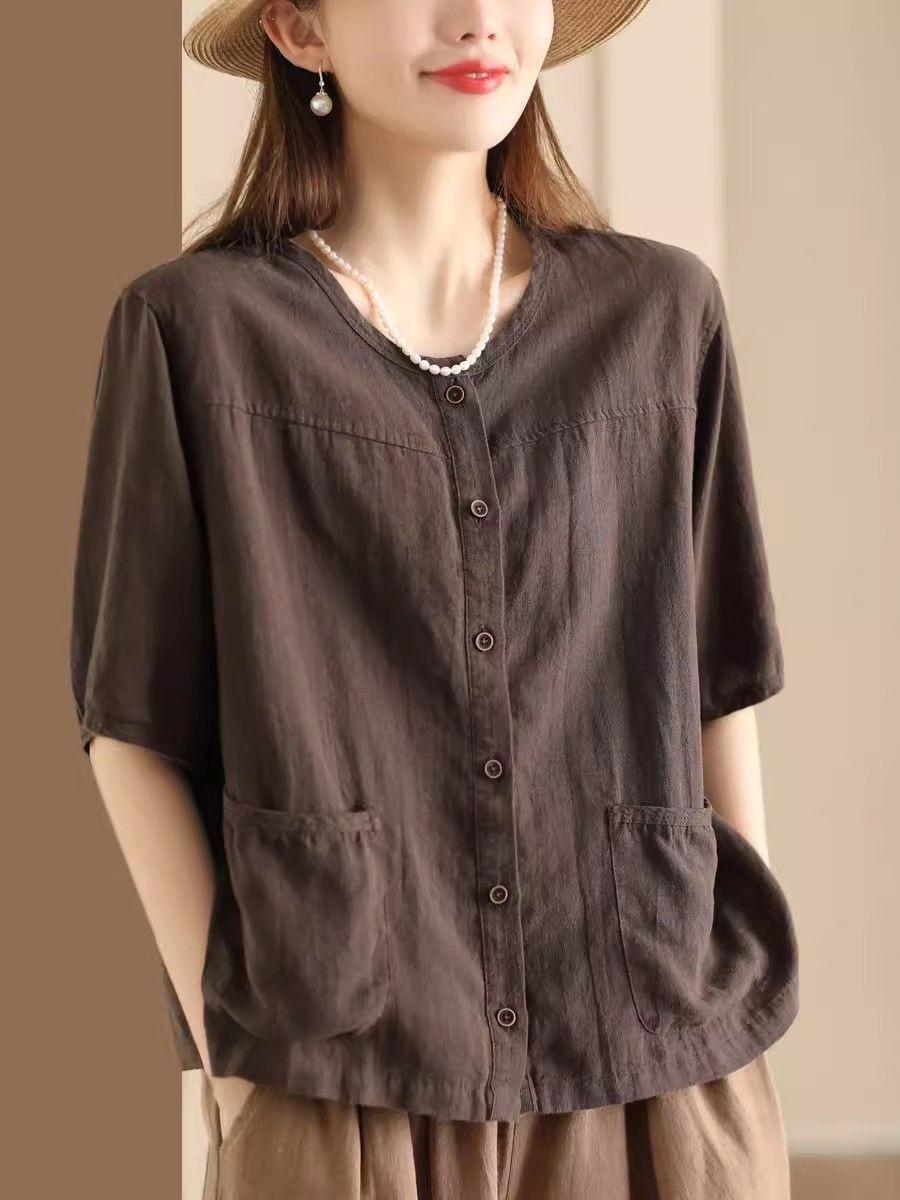 

Женская этническая ретро-рубашка-кардиган: Короткий рукав, хлопок-лен, с новым темпераментным дизайном карманов для лета 2025. XL