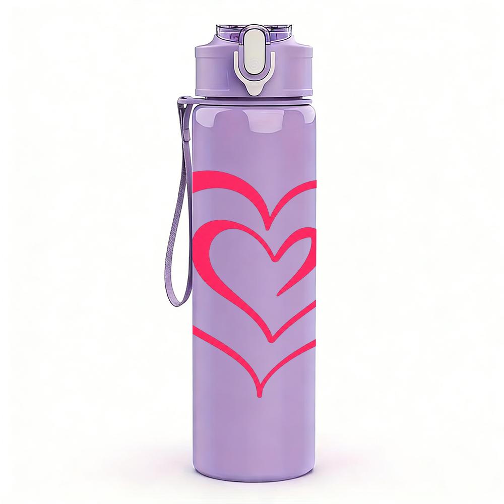 1PC Double Outline Pink Heart 750ml Color Plastic Sports Water Bottle Leakproof Flip Straw Lid Suitable for Sports Office Home Use
