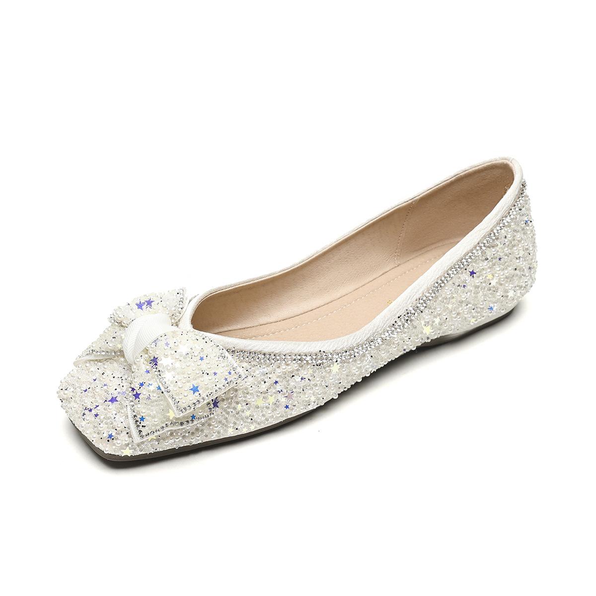 

Weiwei girl 5933-15 остроносые одинарные туфли женские плоские с одной педалью неглубокие горловины со стразами и бантом туфли Doudou мягкая подошва 43