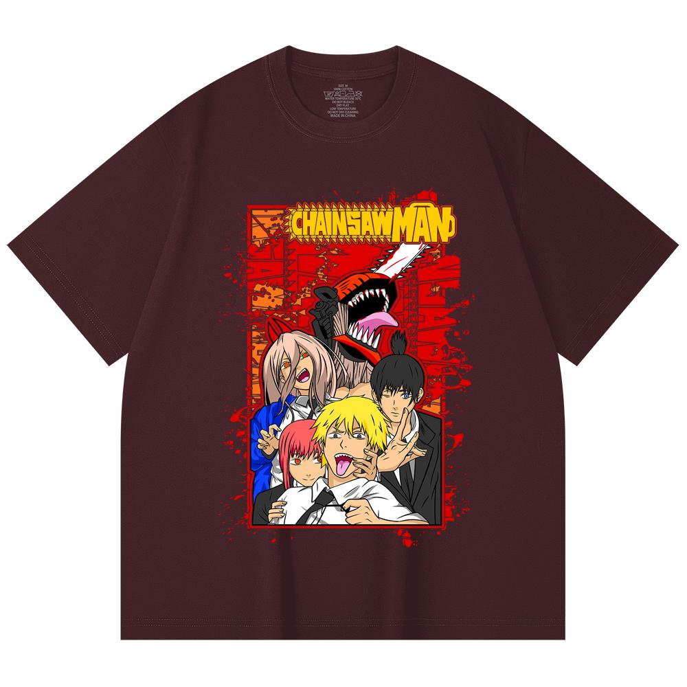 

230 Gsm 100% Cotton Chainsaw Man V26 Print Unisex Heavy Cotton T Shirt 2XL вина червоного кольору