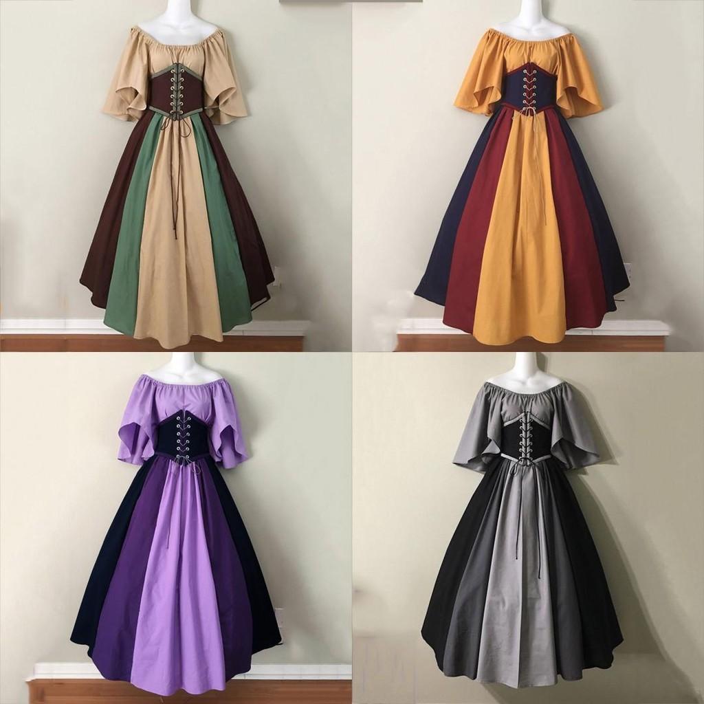 Halloween Women Medieval Fancy Cosplay Costume Stitching Lace Up Maxi Dress