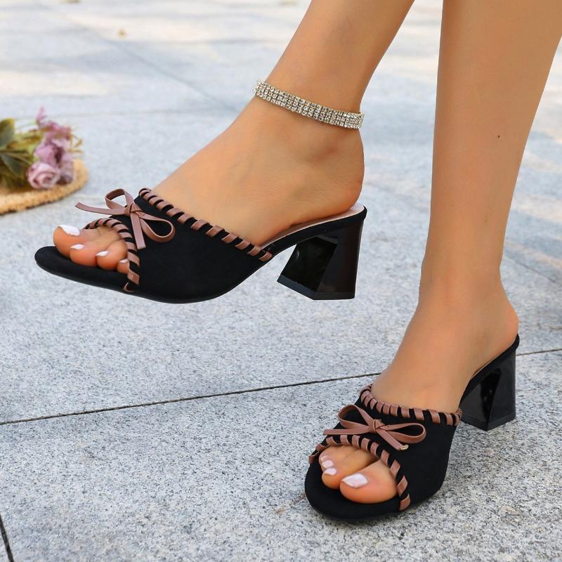 Plus Size Women Suede Bow Open Toe Chunky High Heel One Strap Slide Slippers