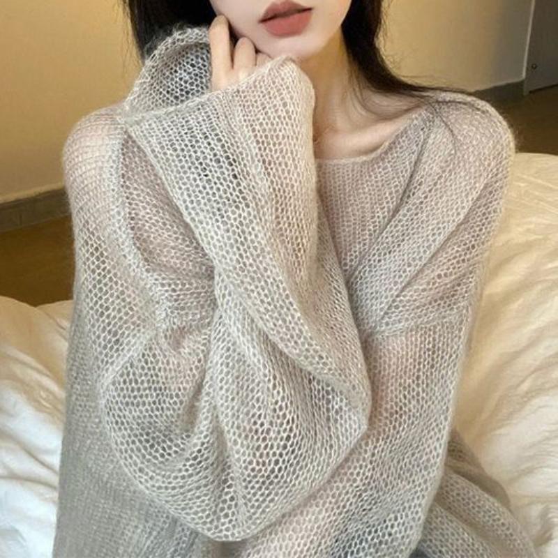 Korean Style Lazy Fashion Knitwear Women's Thin Hollow Out Designed Sweet and Spicy Retro Round Neck Cardigan