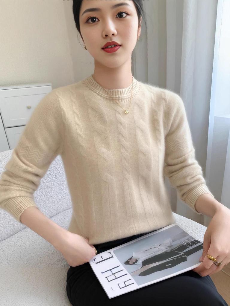 35% Cashmere Women's Round Neck Cable Knit Sweater - Autumn/Winter Pullover