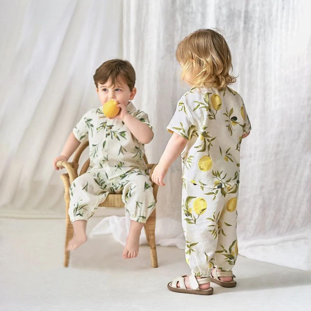 Spring Summer Organic Cotton Kids Clothes Set Cute Printed Short Sleeve Tshirt + Pant Baby Suits