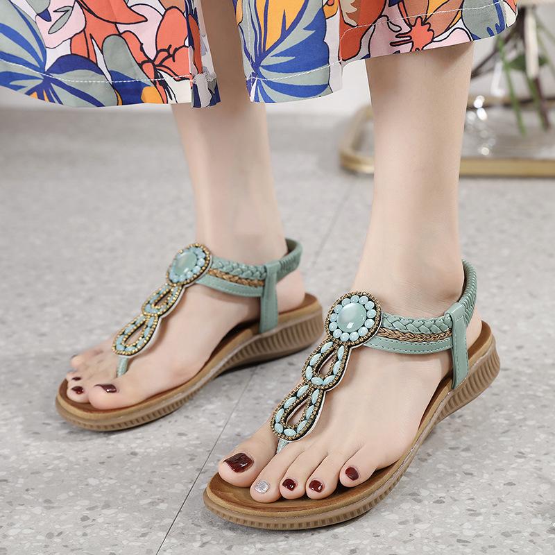 New European And American Sandals Bohemian Rhinestones Comfortable Round Toe Seaside Vacation Flat Shoes Casual And Comfortable