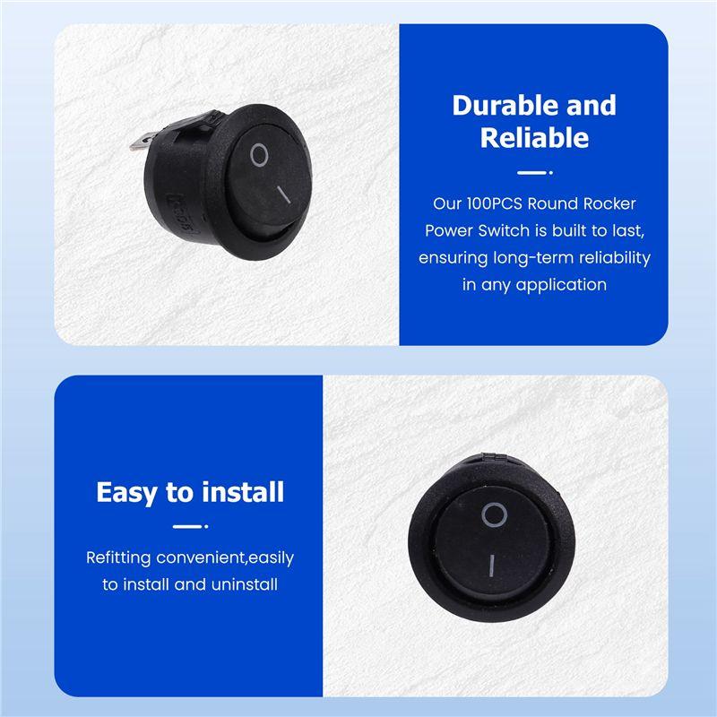 WON 100PCS Round Rocker Power Switch 6A 250V AC 2Pin 2Position ON/Off Power Boat Switches SPST Black Button Mini Round Black