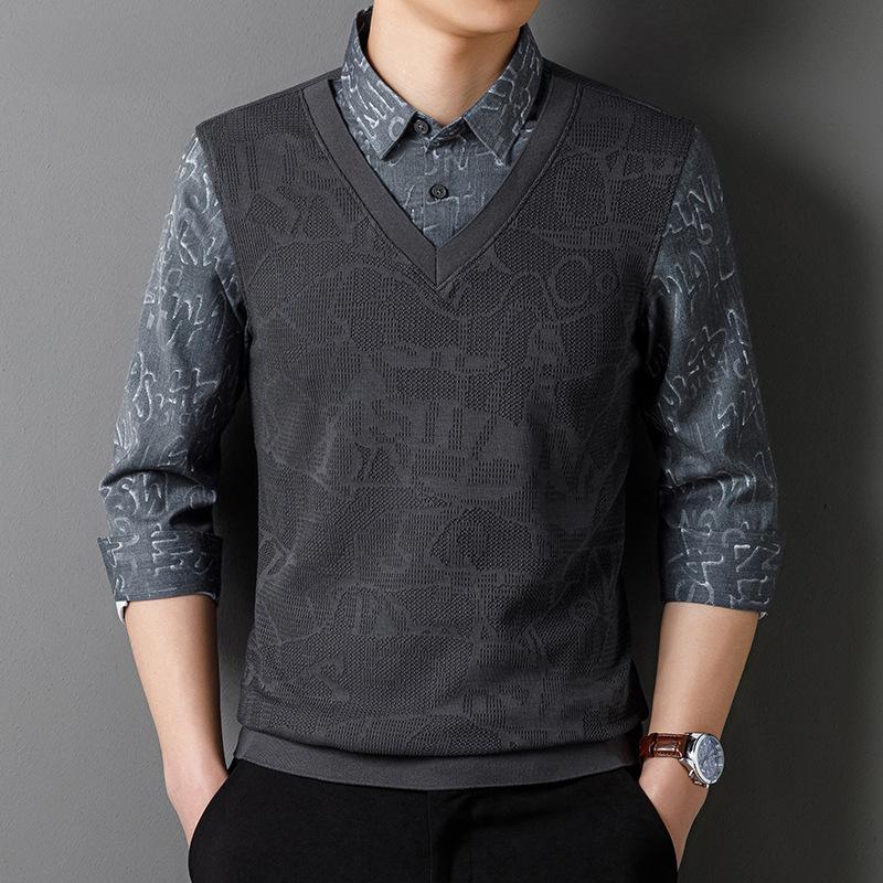 

Поддельная рубашка из двух частей с длинными рукавами и принтом «Тотем дракона» для молодых и мужчин среднего возраста, верхняя часть футболки, тонкая трикотажная нижняя часть рубашки, весна 4XL