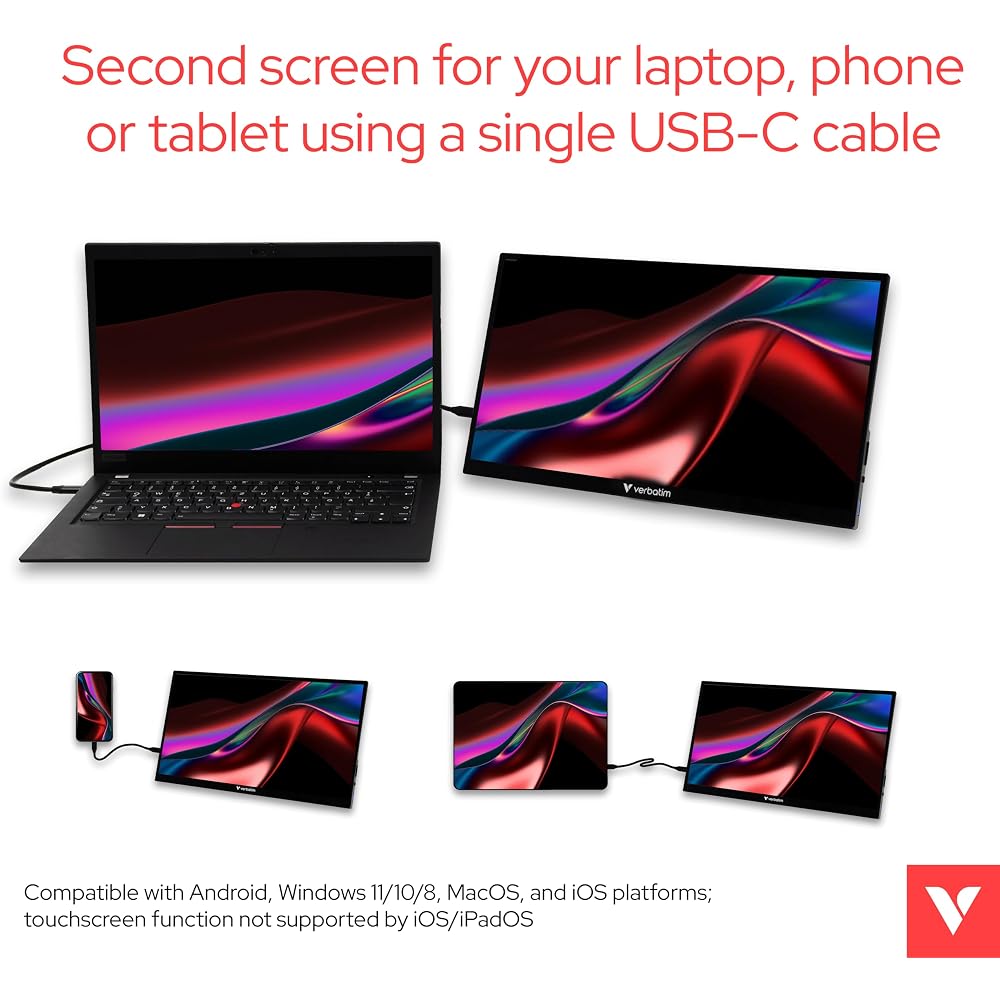 Verbatim Portable Touchscreen Monitor, 17.3-inch, USB-C HDMI, Full HD 1080p IPS Display, Metal Housing, Adjustable Kickstand, for Laptops and Gaming C