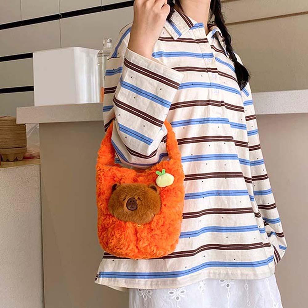 Embroidered Furry Handbag Plush Cartoon Storage Bag Shoulder Bag Capybara Bucket Bag  Travel