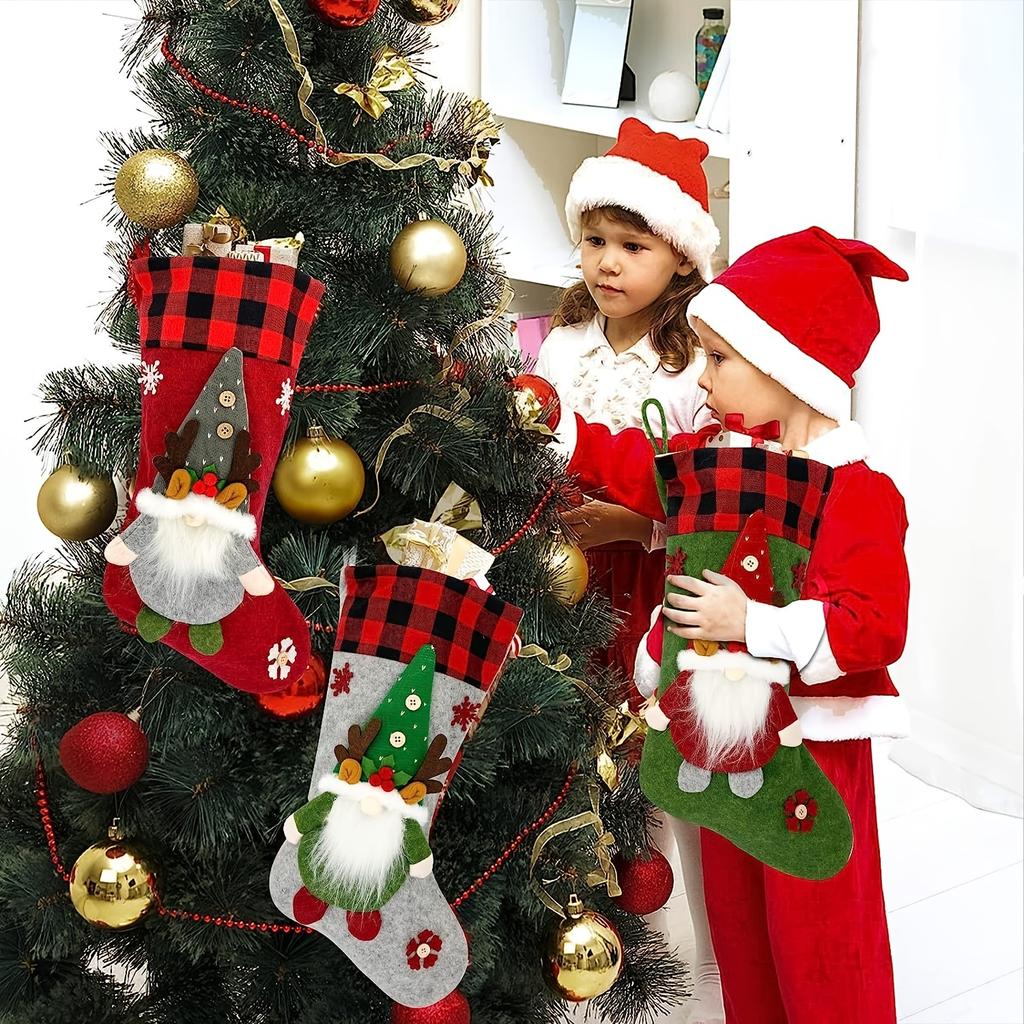 Christmas Socks Youngsters's Large Christmas Socks with Santa Claus, Reindeer, Dwarf, Buffalo Plaid Long Socks Suitable for Christmas Party Decoration