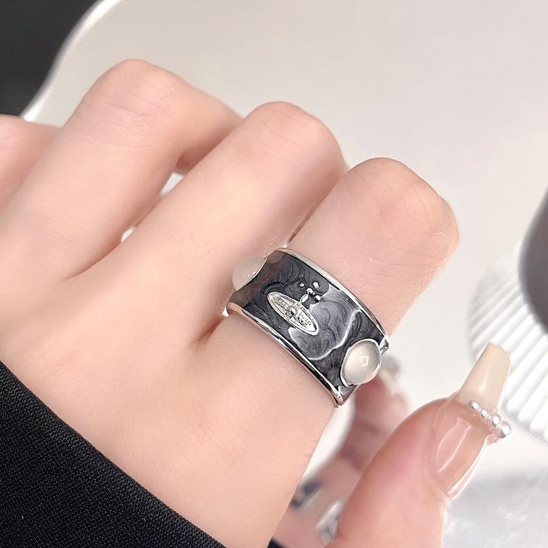 Niche Light Luxury Design Open Ring Light Luxury High Sense Saturn Planet Medieval Enamel Pearl Drop Glaze Ring Female