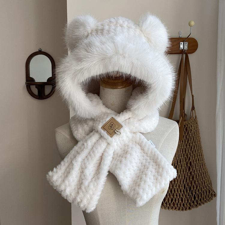 Hat, Scarf, Integrated Pullover Hat, Women's Winter Hairy Ears, Cycling Hat, Dual-purpose One-piece Hat, Cross Neck Hat