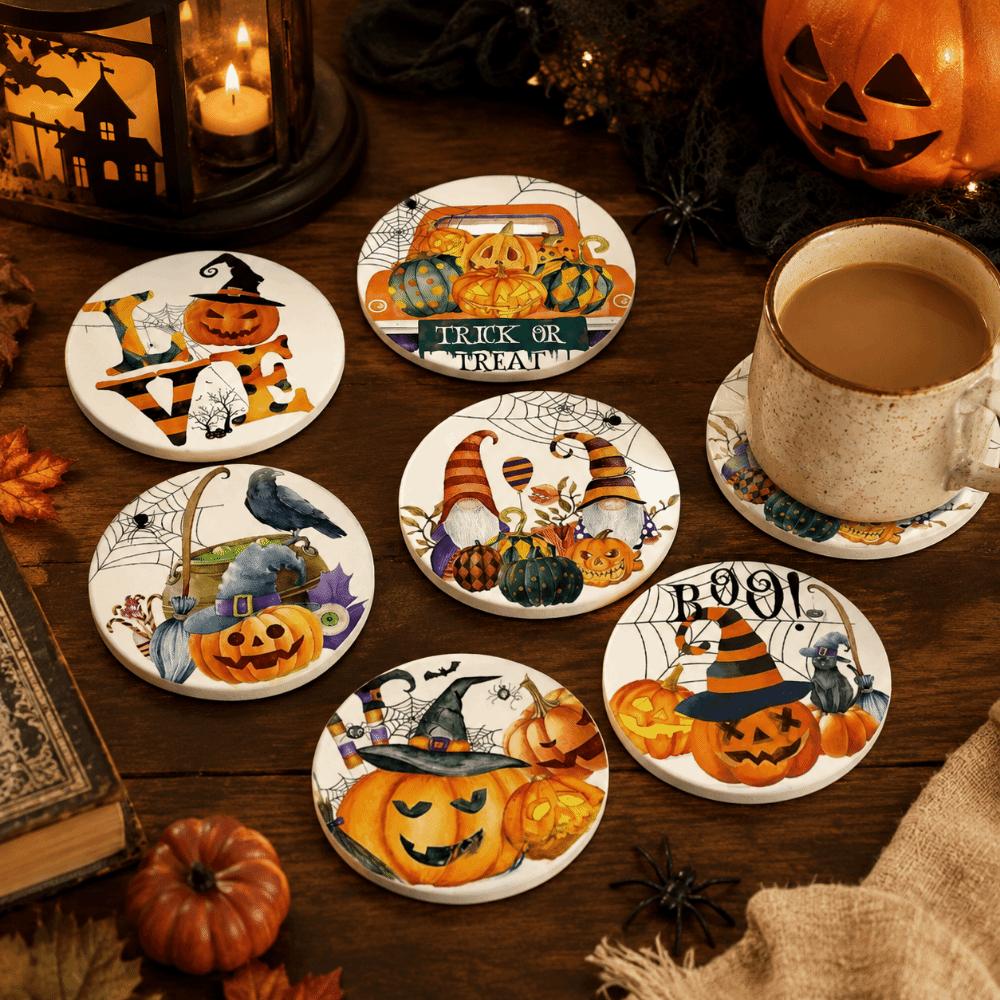 6pcs Wooden Halloween Coasters Pumpkin Heat Insulation Pad DIY Halloween Cup Mats Halloween Party