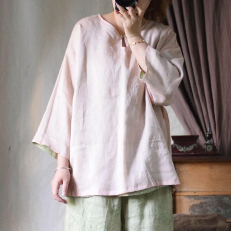 Johnature Women Vintage Shirts Solid Color Double Sided Wearable Summer Chinese Style High Quality Shirts