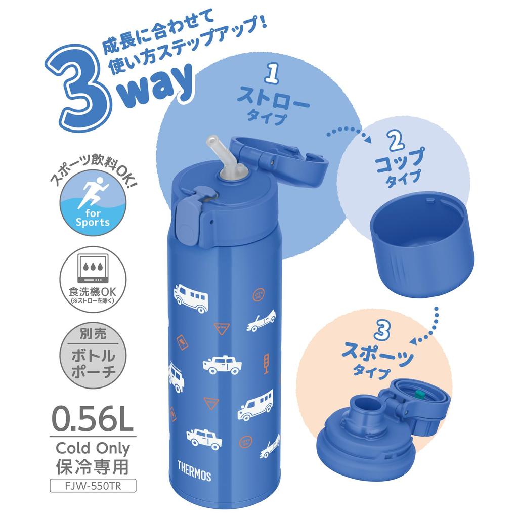 Thermos Vacuum Insulated 3-Way Water Bottle, Straw, Cup, or Sports Type, 0.56L/0.56L, Cobalt Blue, 3-Way Use, Cold Only, FJW-550TR COB