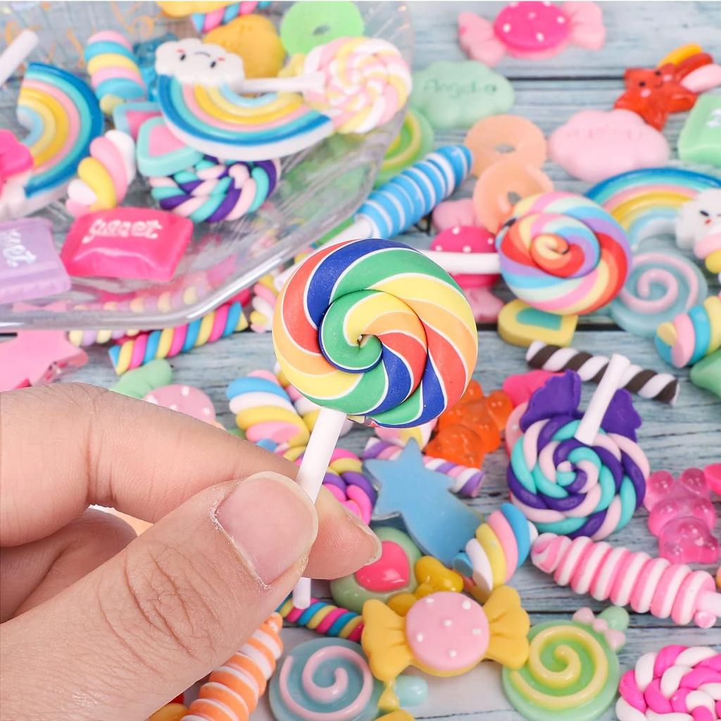 10Pcs Lollipop Prop Clay Candy Embellishment Rainbow Swirl Lollipop Lolly Random Candy Shaped Cake Decoration Party